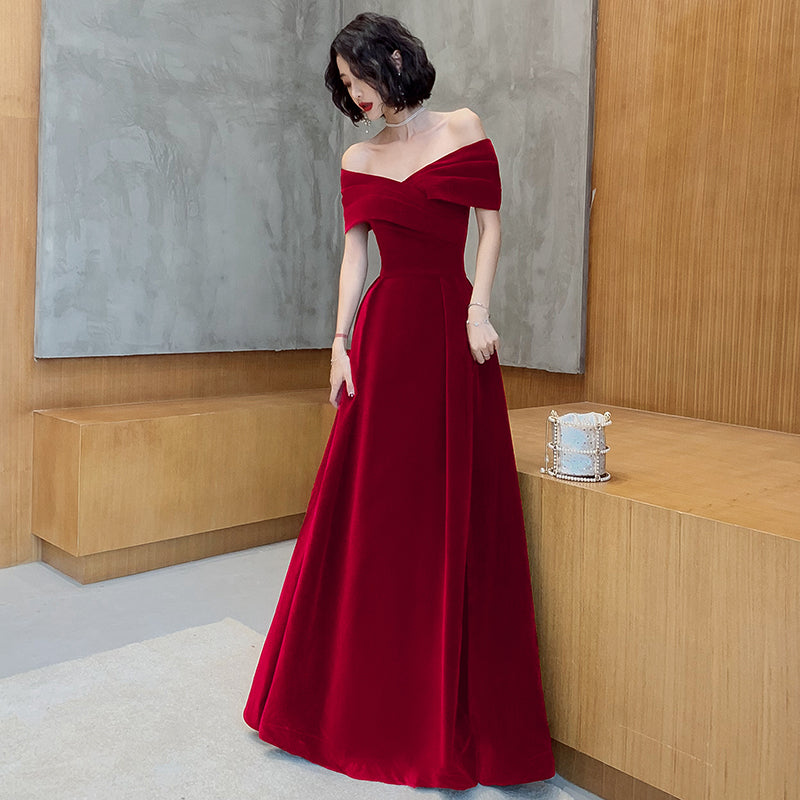 Off Shoulder Velvet Floor Length Sweetheart Classy Evening Dress, A-Line Long Classy Prom Dress