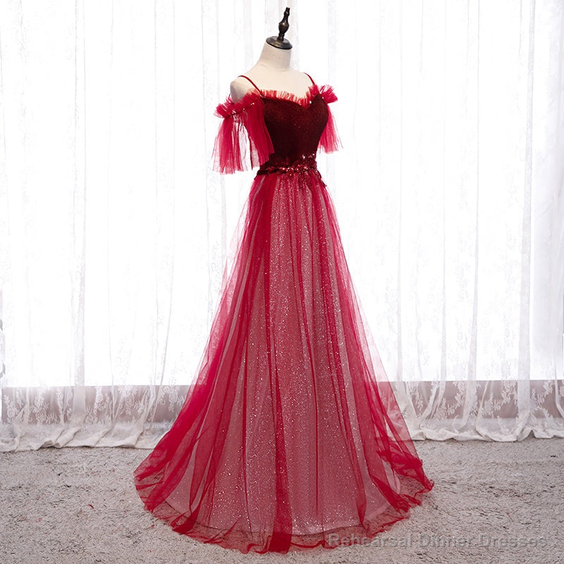 Off Shoulder Wine Red Velvet and Tulle Party Dress, A-line Tulle Floor Length Prom Dress Secondary image