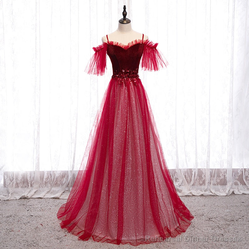 Off Shoulder Wine Red Velvet and Tulle Party Dress, A-line Tulle Floor Length Prom Dress Main image