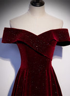 Off Shoulder Wine Red Velvet Long Party Dress, A-Line Wine Red Classy Evening Dress