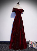 Off Shoulder Wine Red Velvet Long Party Dress, A-Line Wine Red Classy Evening Dress