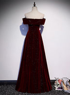 Off Shoulder Wine Red Velvet Long Party Dress, A-Line Wine Red Classy Evening Dress