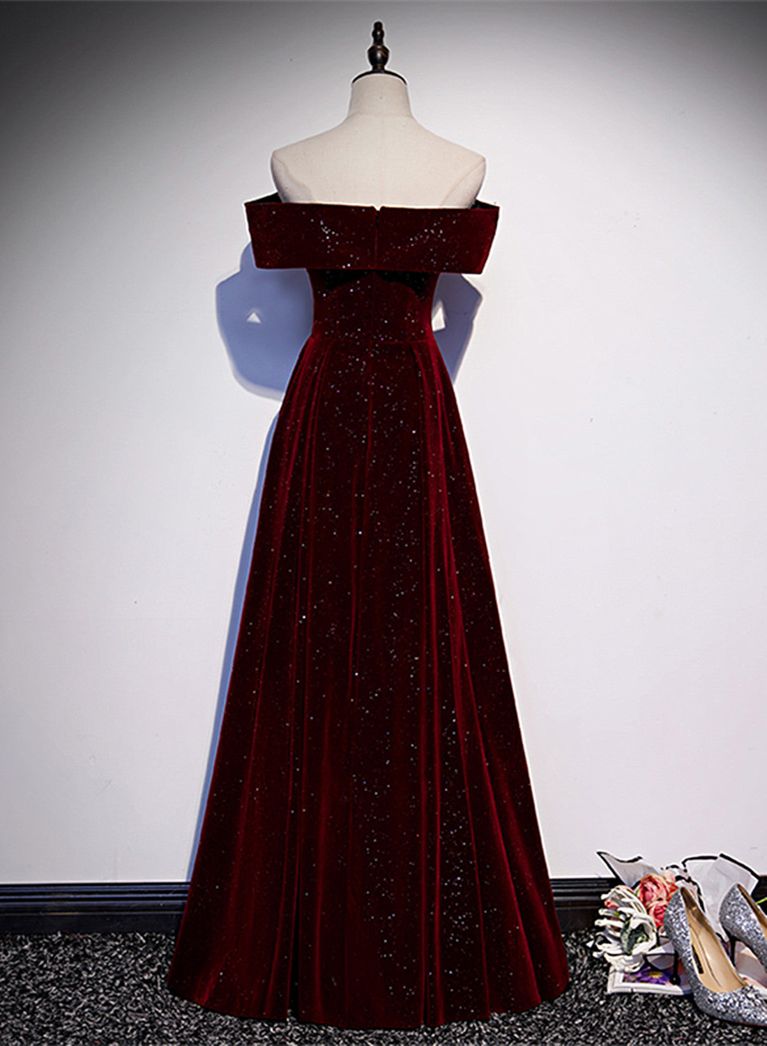 Off Shoulder Wine Red Velvet Long Party Dress, A-Line Wine Red Classy Evening Dress