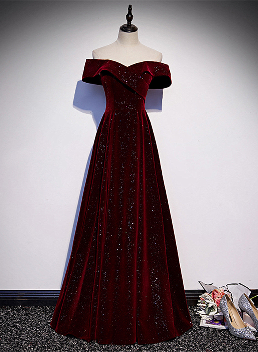 Off Shoulder Wine Red Velvet Long Party Dress, A-Line Wine Red Classy Evening Dress Main image