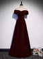 Off Shoulder Wine Red Velvet Long Party Dress, A-Line Wine Red Classy Evening Dress