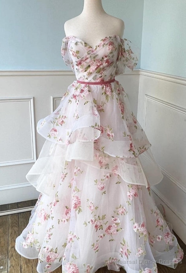 Off the Shoulder A-line Floral Wedding Dress with Ruffle Skirt Main image