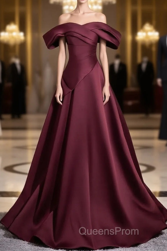 Off The Shoulder A-Line Satin Ruched Floor Length Evening Prom Dress Main image