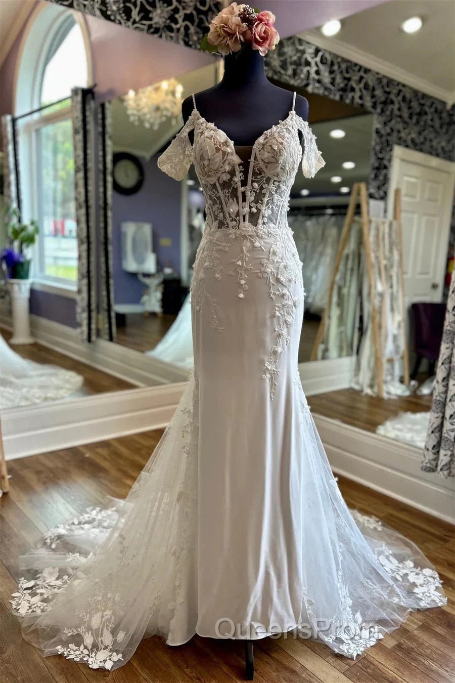 Off-The-Shoulder Appliques Straps Sweeping Long Wedding Dress