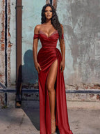 Off The Shoulder Beaded Satin Long Classy Prom Dress