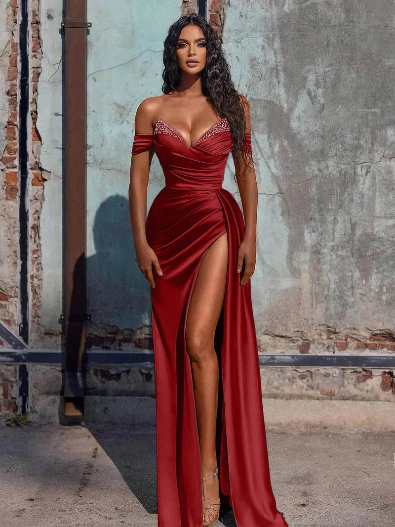 Off The Shoulder Beaded Satin Long Classy Prom Dress