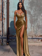 Off The Shoulder Beaded Satin Long Classy Prom Dress