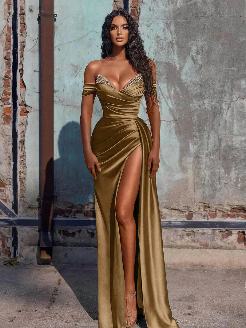 Off The Shoulder Beaded Satin Long Classy Prom Dress