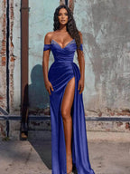 Off The Shoulder Beaded Satin Long Classy Prom Dress