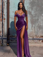 Off The Shoulder Beaded Satin Long Classy Prom Dress