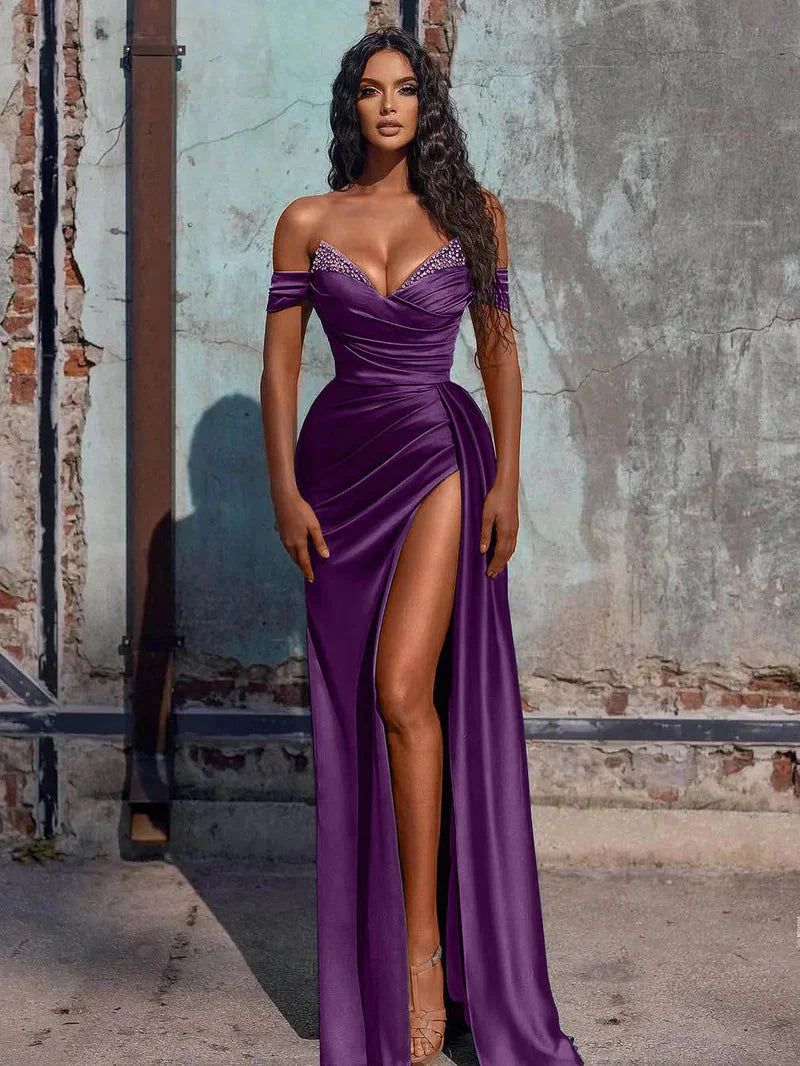 Off The Shoulder Beaded Satin Long Classy Prom Dress