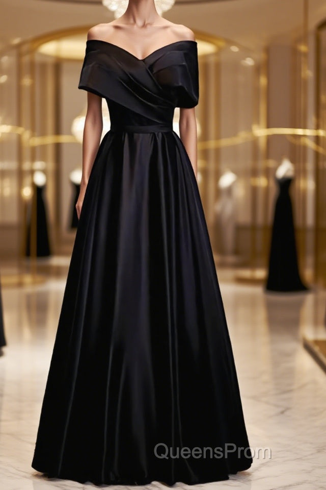 Off the Shoulder Black Long Evening Prom Dress with Corset Back, Black Off the Shoulder Formal Evening Dress Main image