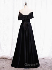 Off the Shoulder Black Long Evening Prom Dress with Corset Back, Black Off the Shoulder Formal Evening Dress