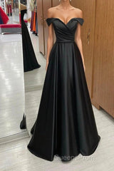 Off the Shoulder Black Satin Long Evening Prom Dress, Black Off Shoulder Formal Evening Dress