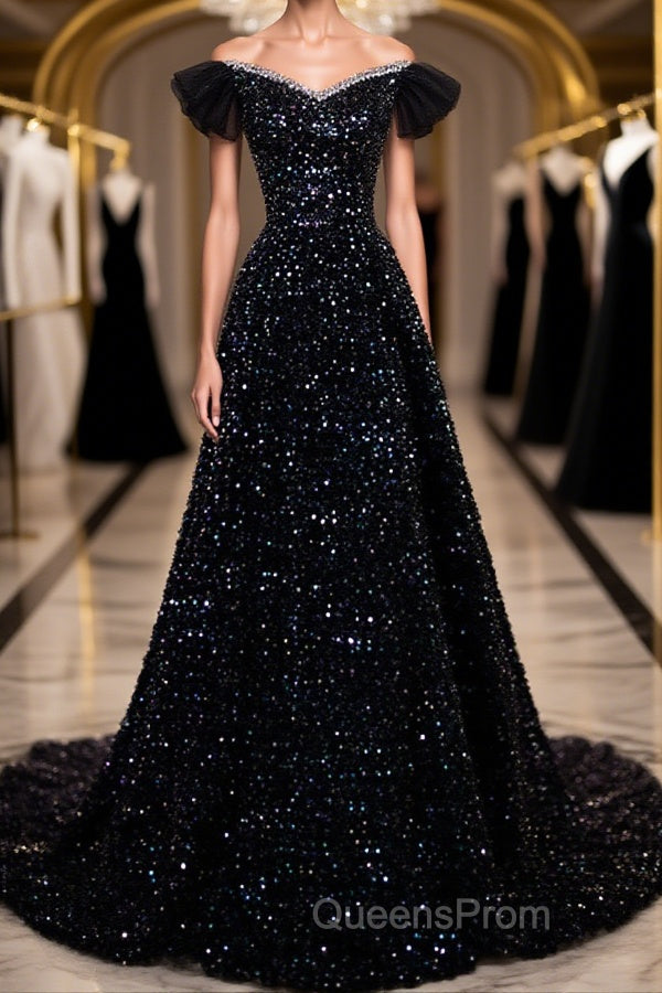 Off the Shoulder Black Sequin Evening Prom Dress, Black Long Formal Evening Dress