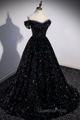 Off the Shoulder Black Sequin Evening Prom Dress, Black Long Formal Evening Dress