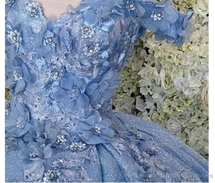 Off the shoulder blue ball gown , sparkly prom dress with flowers Secondary image