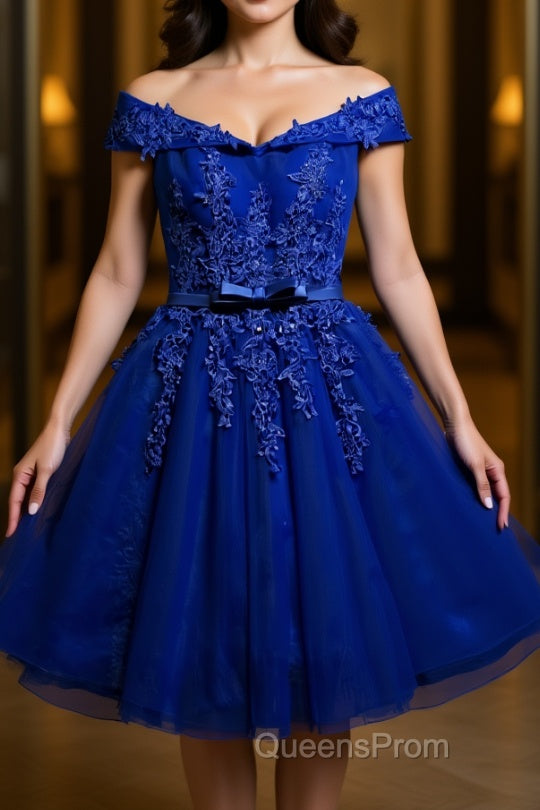 Off the Shoulder Blue Lace Evening Prom Dress, Off Shoulder Blue Homecoming Dress, Short Blue Lace Formal Evening Dress Main image
