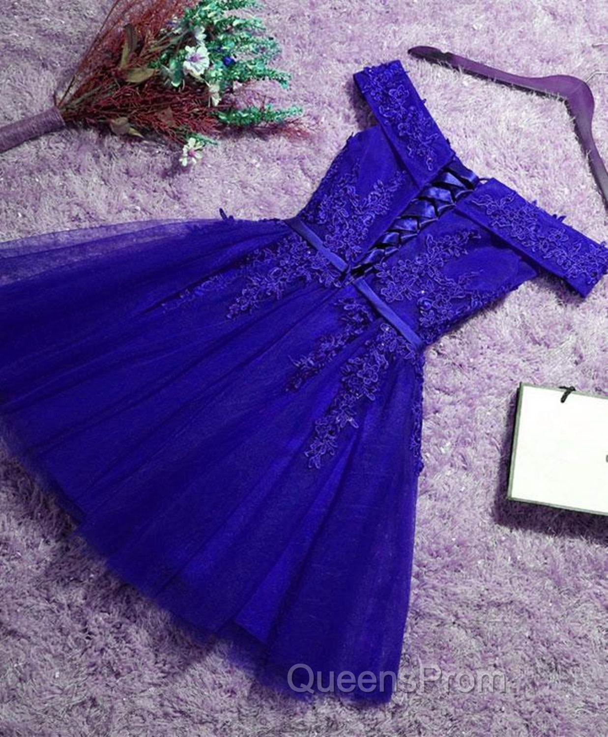 Off the Shoulder Blue Lace Evening Prom Dress, Off Shoulder Blue Homecoming Dress, Short Blue Lace Formal Evening Dress Secondary image