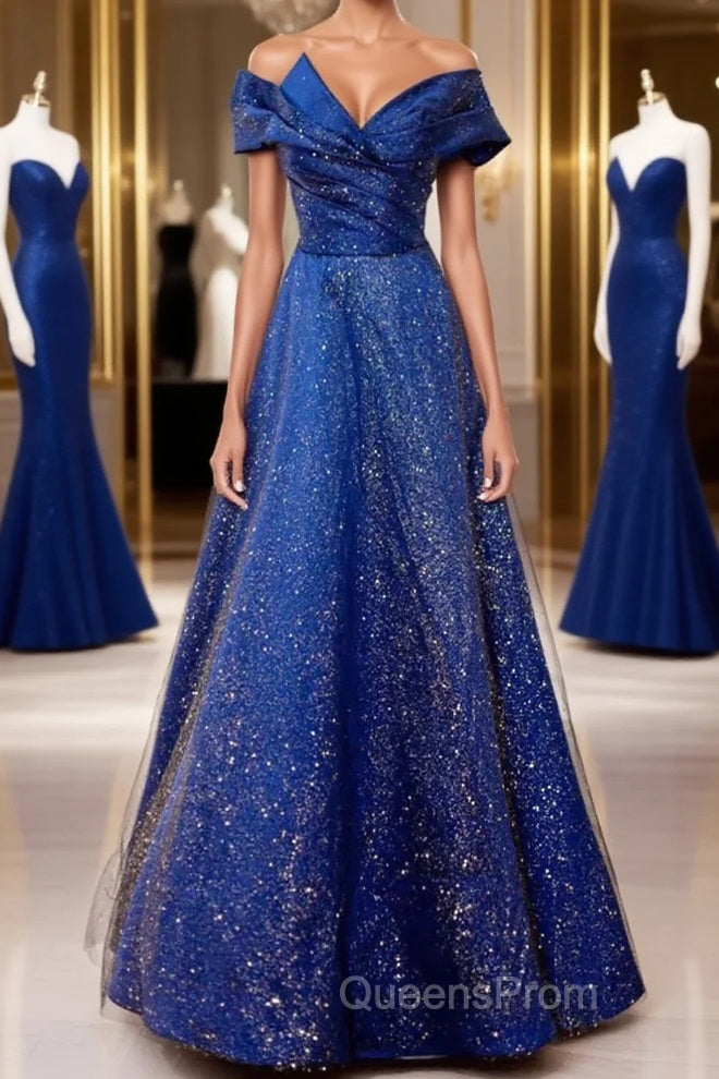 Off the Shoulder Blue Long Evening Prom Dress, Off Shoulder Long Formal Evening Dress Main image