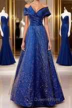 Off the Shoulder Blue Long Evening Prom Dress, Off Shoulder Long Formal Evening Dress