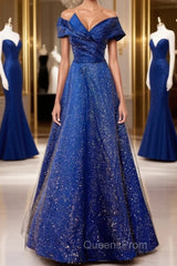 Off the Shoulder Blue Long Evening Prom Dress, Off Shoulder Long Formal Evening Dress