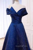 Off the Shoulder Blue Long Evening Prom Dress, Off Shoulder Long Formal Evening Dress