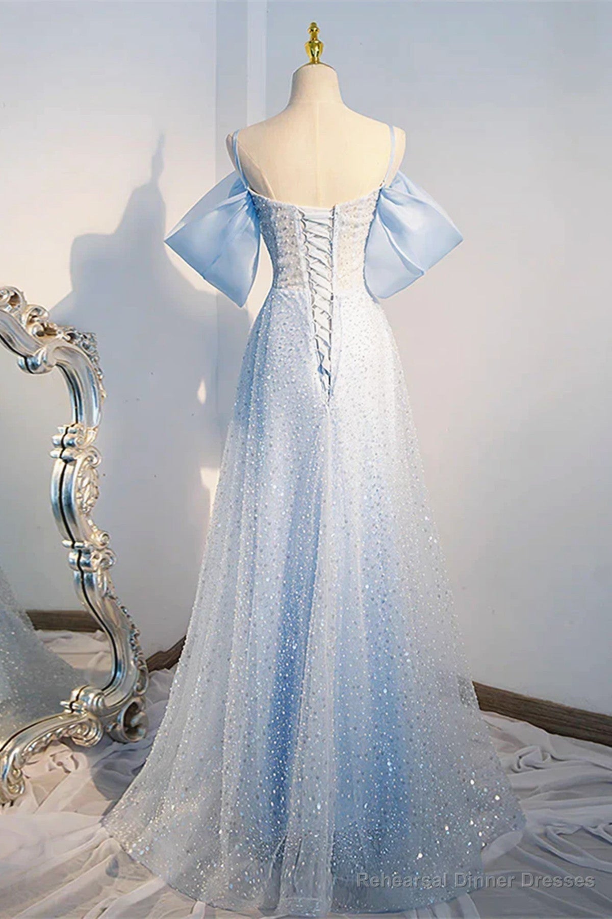 Off the Shoulder Blue Long Sequins Prom Dresses, Off Shoulder Blue Long Formal Evening Dresses Secondary image
