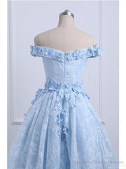Off the Shoulder Blue Prom Dresses Lace Applique,  High Low Prom Dress