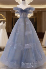 Off The Shoulder Blue Tulle A Line Long Evening Prom Dress
