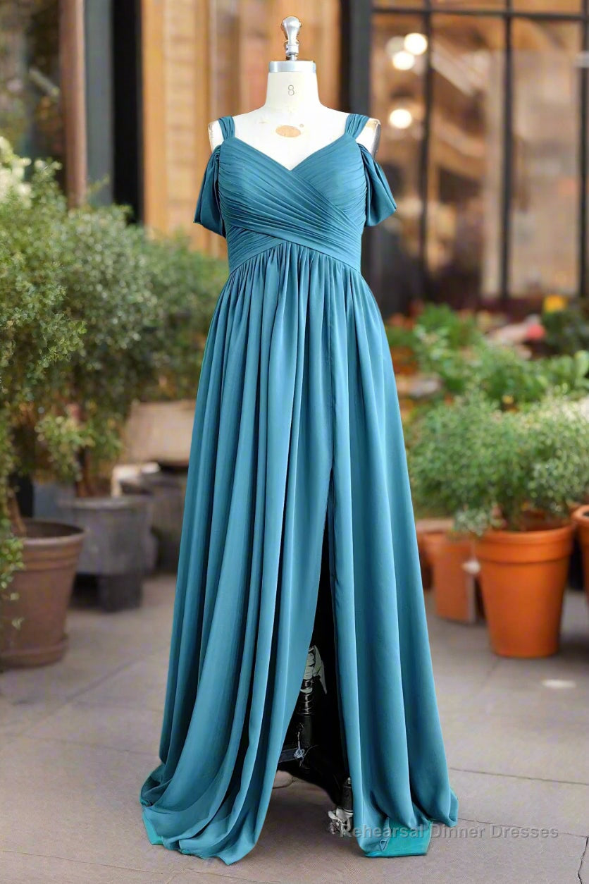 Off The Shoulder Bridesmaid Dresses For Women With Slit A Line Spaghetti Straps Long Chiffon Pleated Formal Evening Dress