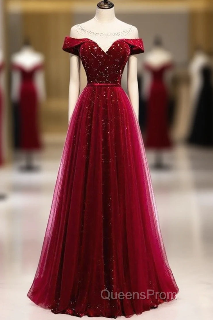 Off The Shoulder Burgundy Formal Long Evening Prom Dress A Line Velvet Evening Dress Main image