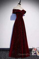 Off The Shoulder Burgundy Long Evening Prom Dress, Burgundy Off Shoulder Long Formal Evening Dress