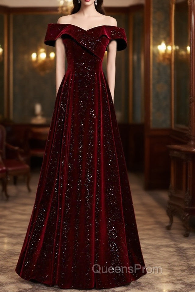 Off The Shoulder Burgundy Long Evening Prom Dress, Burgundy Off Shoulder Long Formal Evening Dress Main image