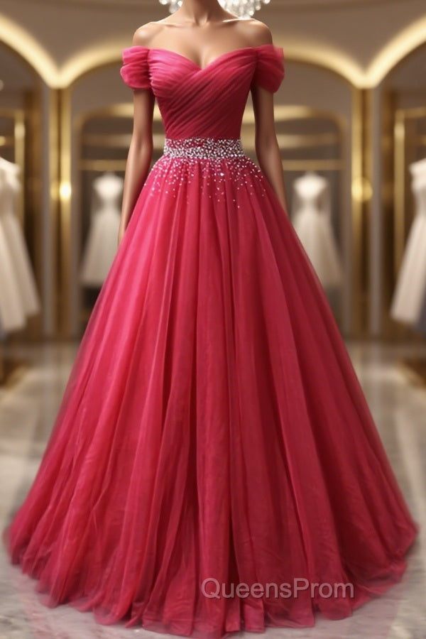 Off the Shoulder Burgundy Evening Prom Dress with Beaded Belt, Wine Red Long Formal Evening Dress Main image
