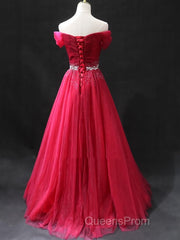 Off the Shoulder Burgundy Evening Prom Dress with Beaded Belt, Wine Red Long Formal Evening Dress
