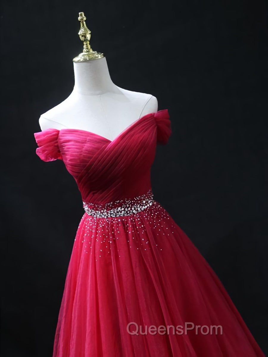 Off the Shoulder Burgundy Evening Prom Dress with Beaded Belt, Wine Red Long Formal Evening Dress