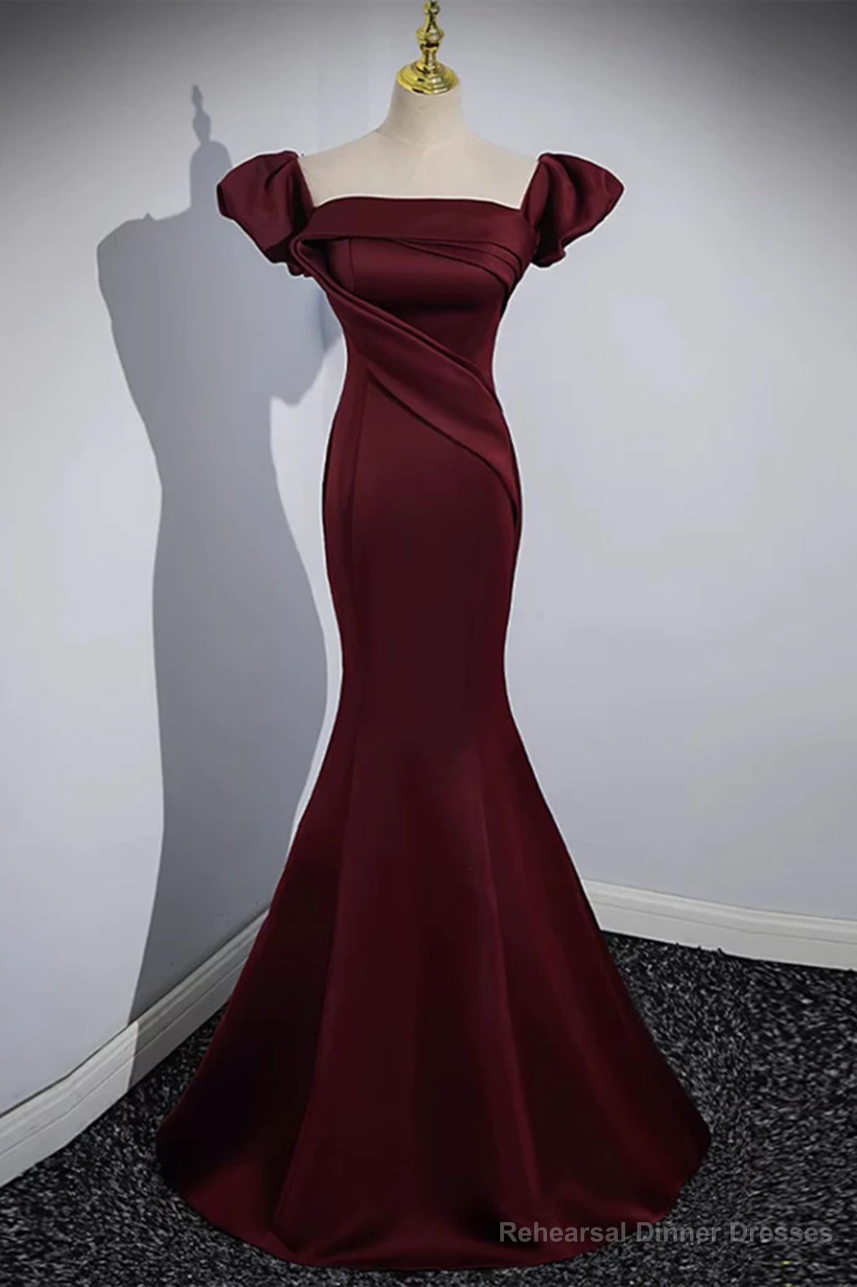 Off the Shoulder Burgundy Satin Long Prom Dresses, Wine Red Mermaid Formal Evening Dresses Secondary image