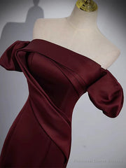 Off the Shoulder Burgundy Satin Long Prom Dresses, Wine Red Mermaid Formal Evening Dresses