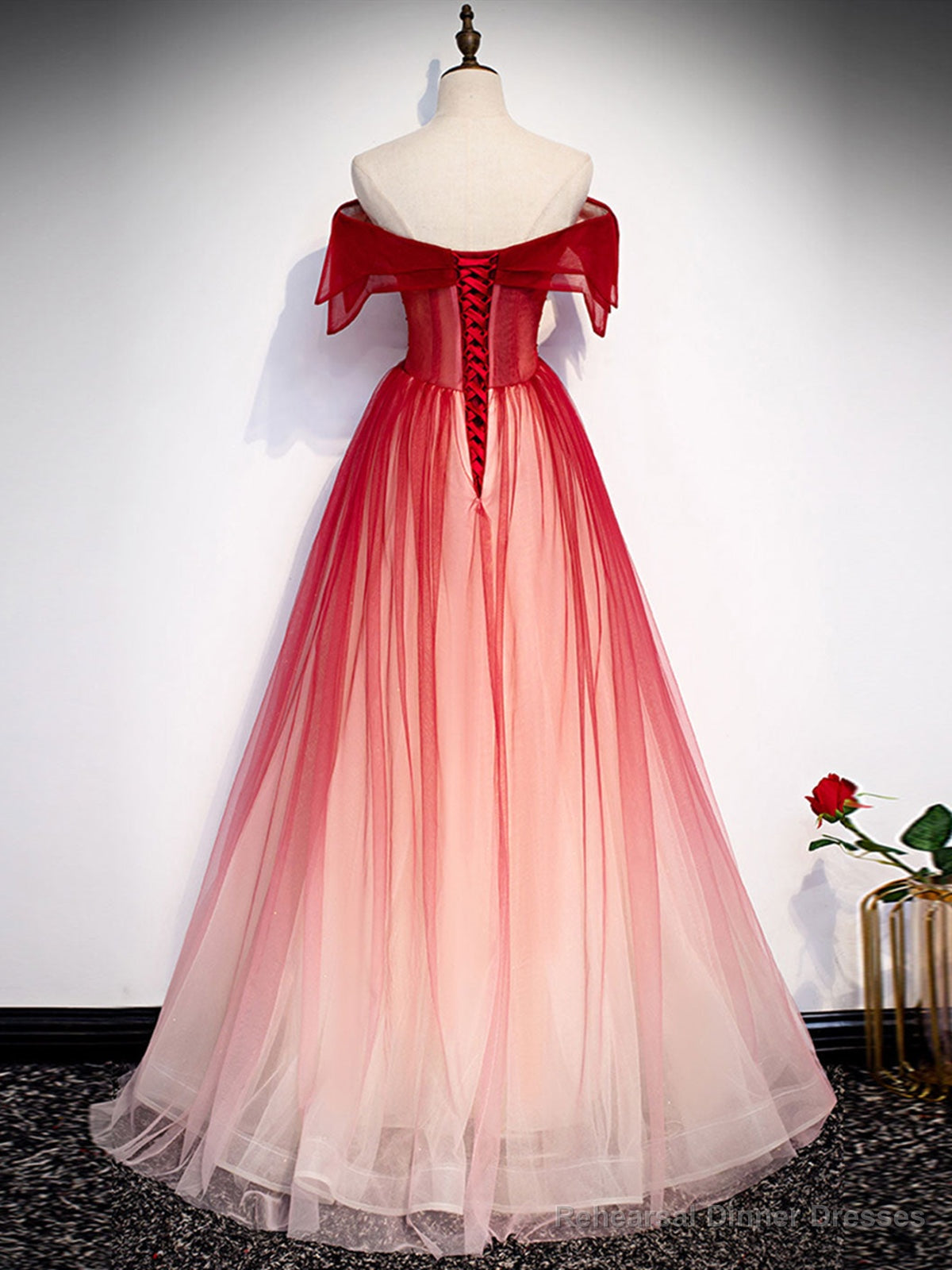 Off the Shoulder Burgundy Tulle Prom Dresses, Burgundy Tulle Formal Graduation Dresses Secondary image