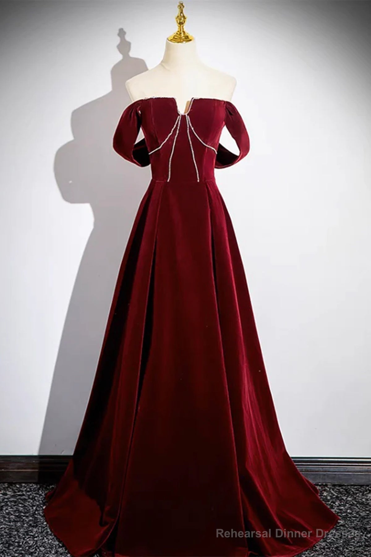 Off the Shoulder Burgundy Velvet Long Prom Dresses, Off Shoulder Wine Red Long Formal Evening Dresses Main image