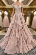 Off the Shoulder Champagne Lace Evening Prom Dress, Off Shoulder Champagne Lace Formal Evening Dress