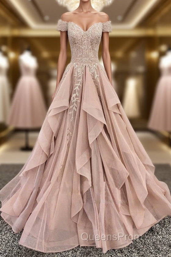 Off the Shoulder Champagne Lace Evening Prom Dress, Off Shoulder Champagne Lace Formal Evening Dress