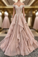 Off the Shoulder Champagne Lace Evening Prom Dress, Off Shoulder Champagne Lace Formal Evening Dress