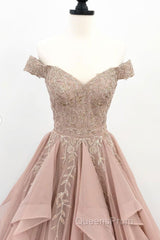 Off the Shoulder Champagne Lace Evening Prom Dress, Off Shoulder Champagne Lace Formal Evening Dress