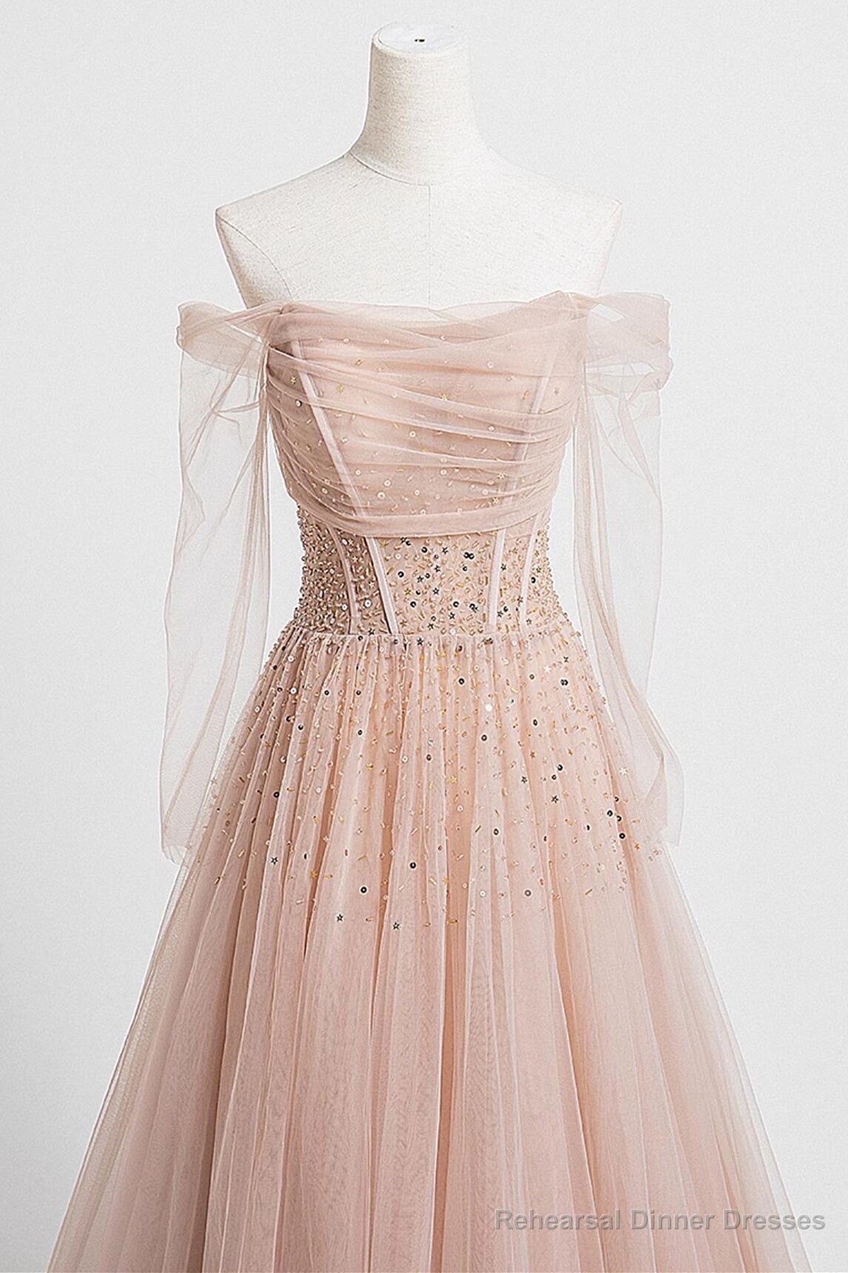 Off the Shoulder Champagne Tulle Long Prom Dresses, Champagne Beaded Tulle Formal Evening Dresses Secondary image